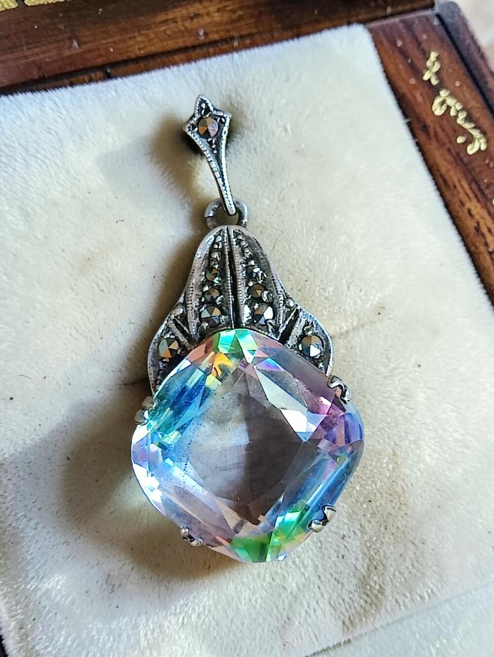 Antique Sterling Silver Iris Glass Pendant